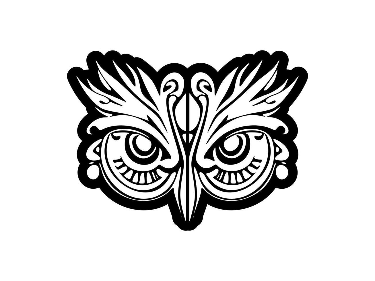 Mask of a god, featuring Polynesian patterns in black and white ink. vector