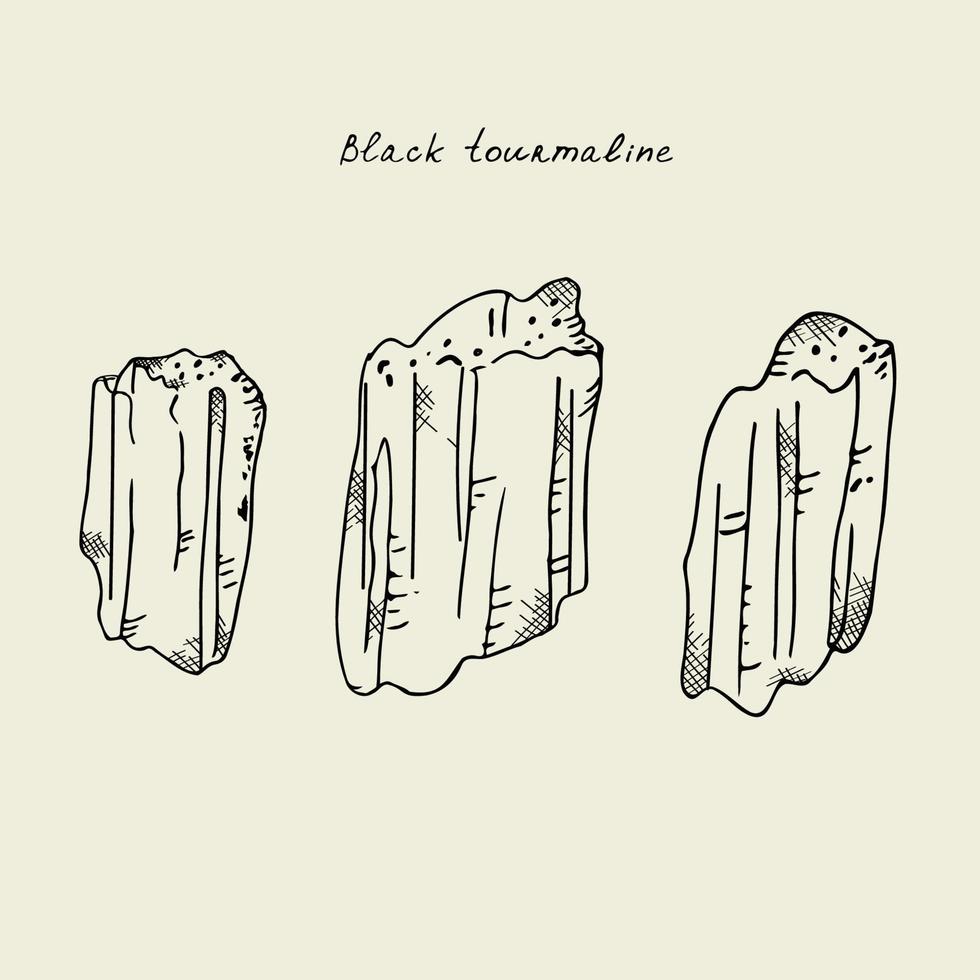 Macro stone black mineral tourmaline. Illustration of magical tourmaline stone hand drawn in sketch style. Vector