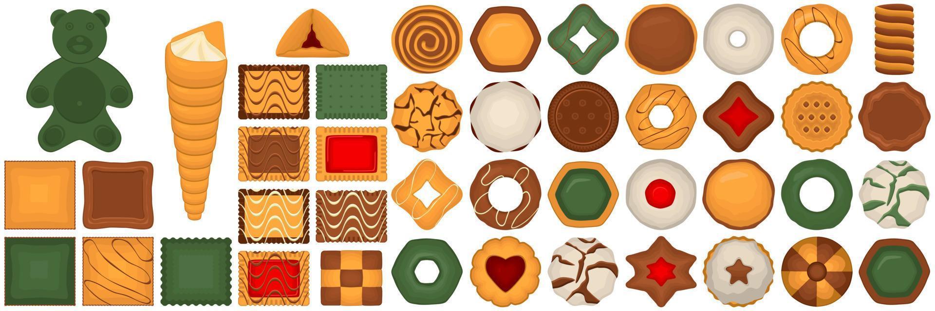 gran juego de galletas caseras de diferentes sabores en galletas de pastelería vector