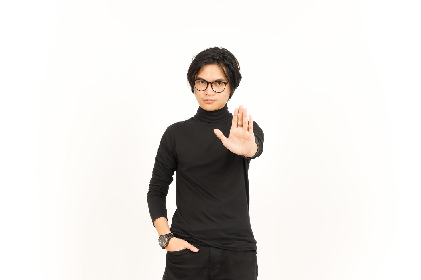 Stop Rejection Hand Gesture Of Handsome Asian Man Isolated On White Background photo