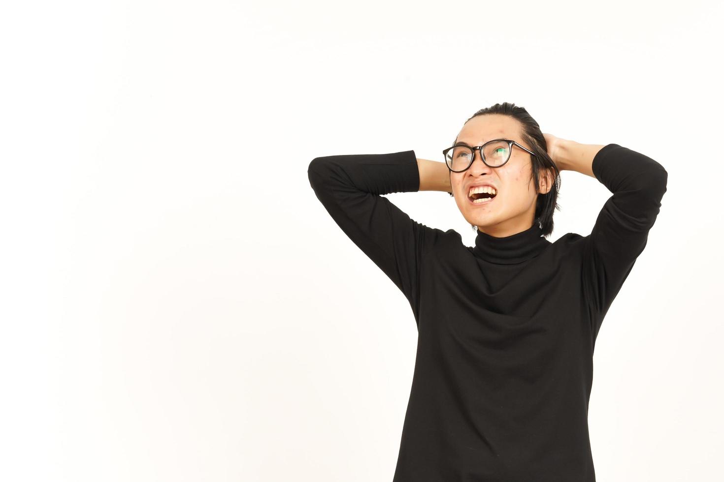 Angry Stressed and Pull Hair Of Handsome Asian Man Isolated On White Background photo