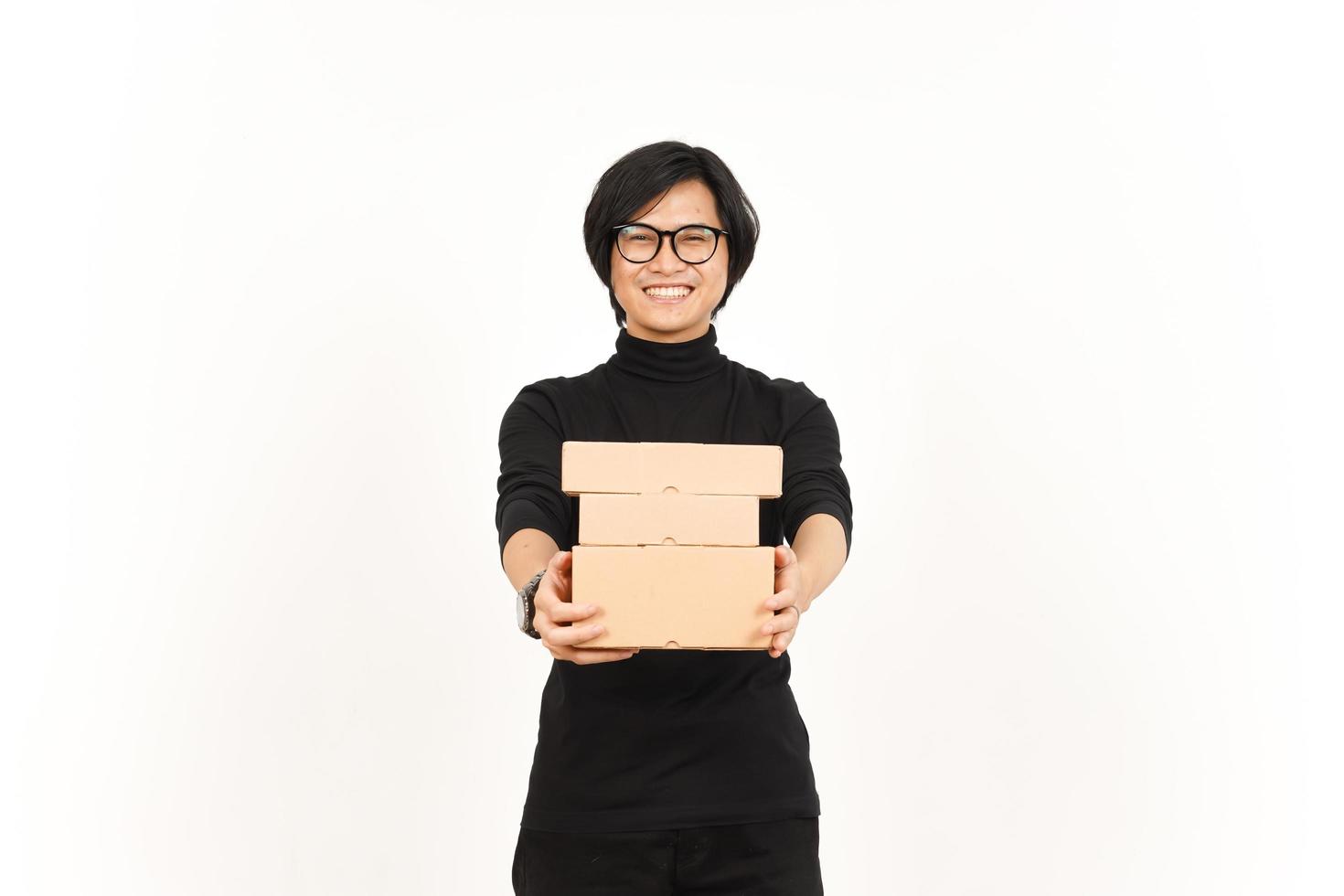 Holding Package Box or Cardboard Box Of Handsome Asian Man Isolated On White Background photo