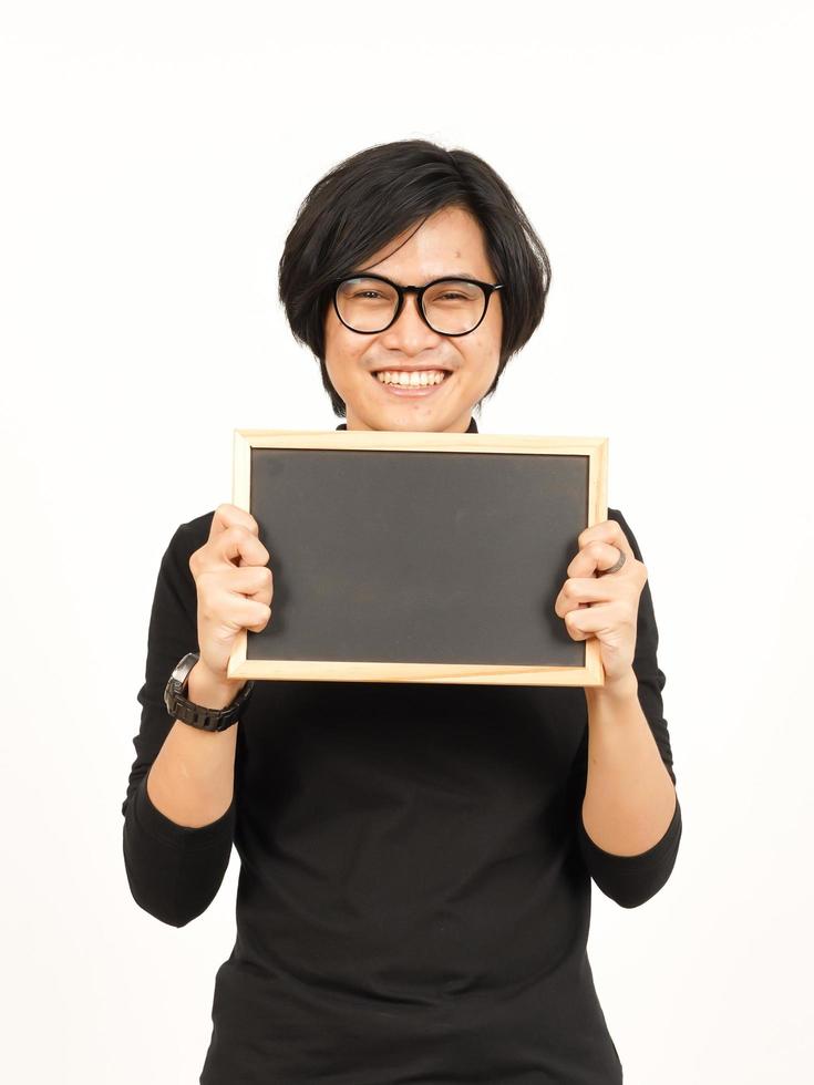 Showing, Presenting and holding Blank Blackboard Of Handsome Asian Man Isolated On White Background photo