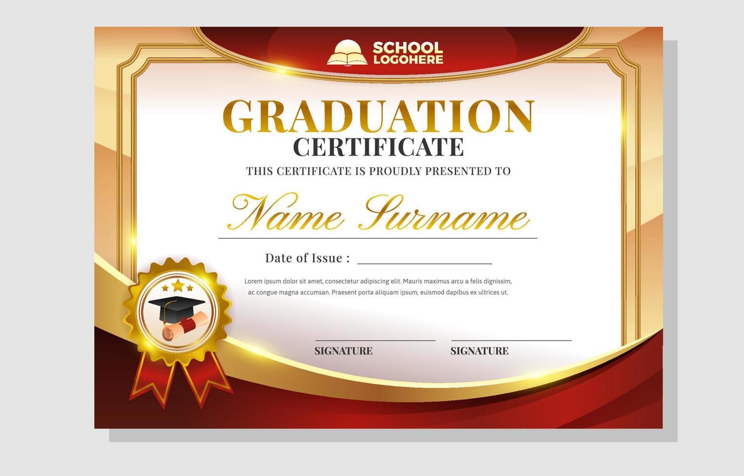 Red Gold Elegant Graduation Certificate for High School vector