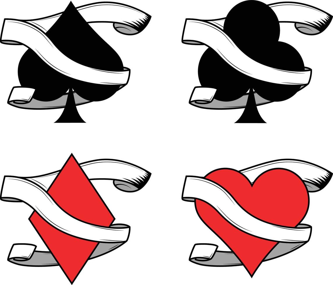 4 types of playing cards pips symbols with a banner scroll around vector
