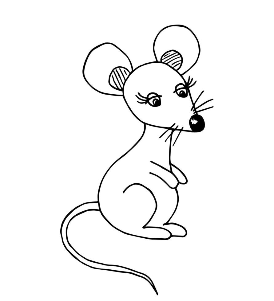 Hand-drawn vector illustration. Cartoon little mouse in black outline isolated on white background. For prints, children's coloring.