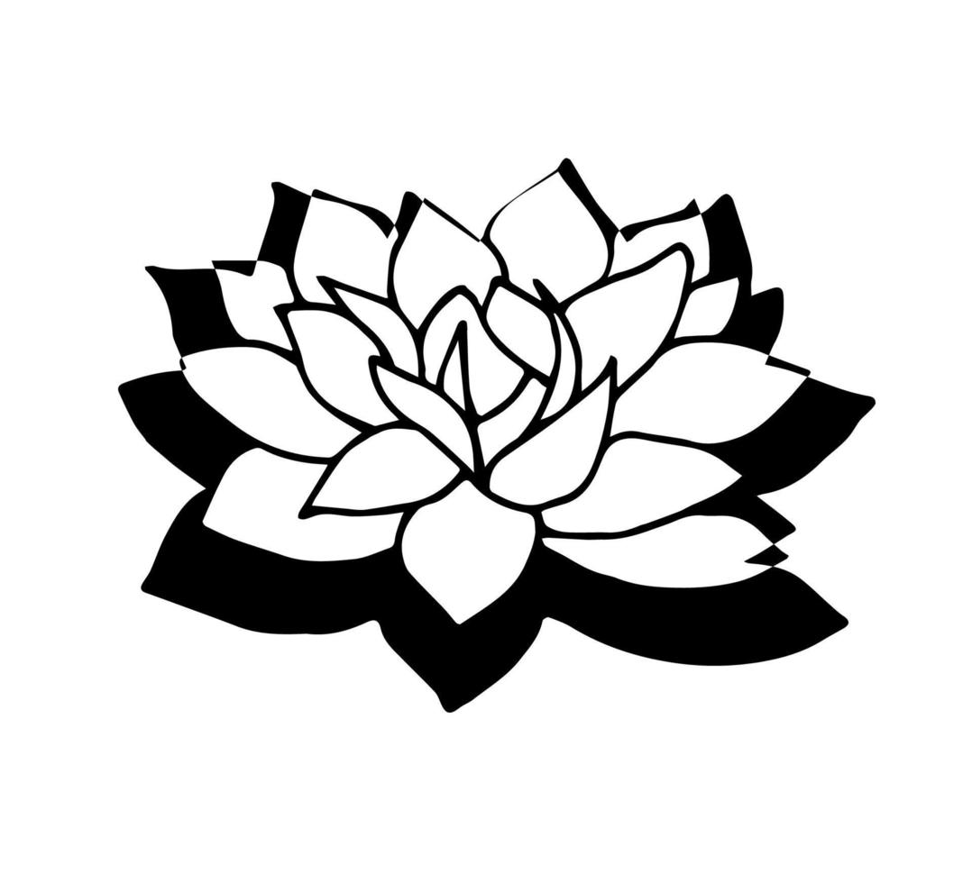 Freehand drawn black outline vector lotus flower with shadow isolated