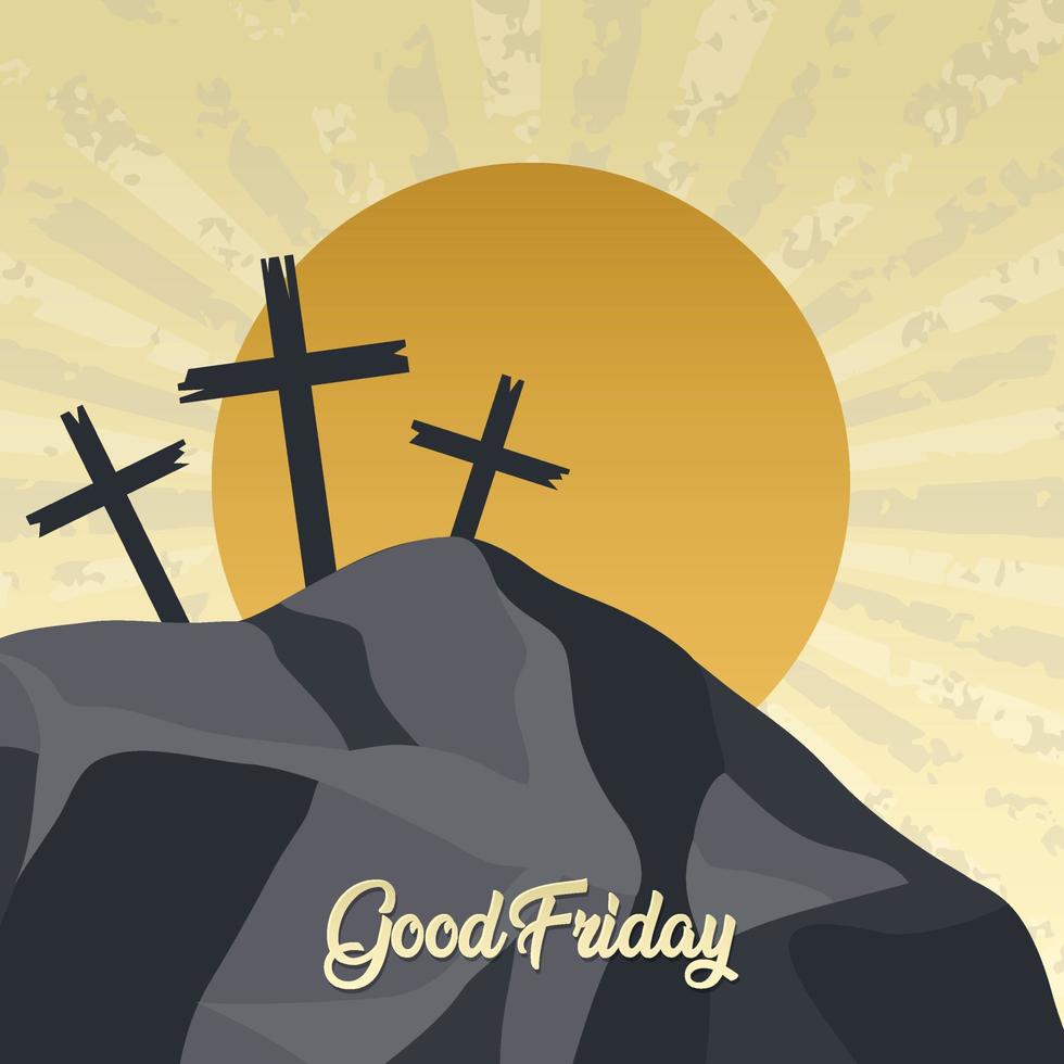 mountain with three crosses at sunset,  happy good friday, vector background illustration