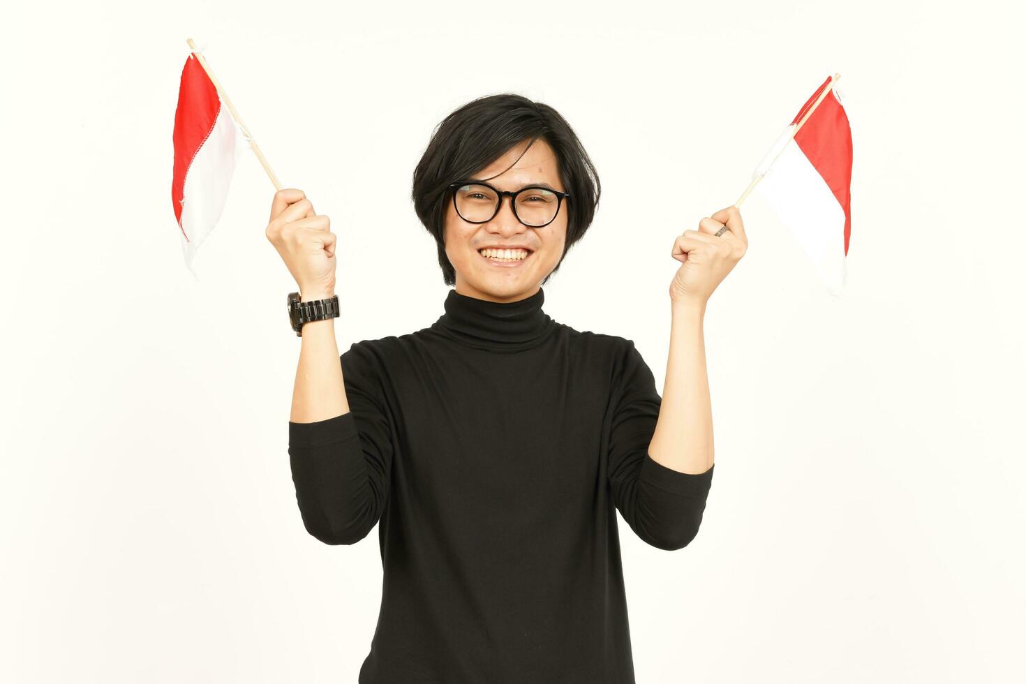 Holding Indonesia flag Happy for Indonesia Independence day 17 August Of Handsome Asian Man photo