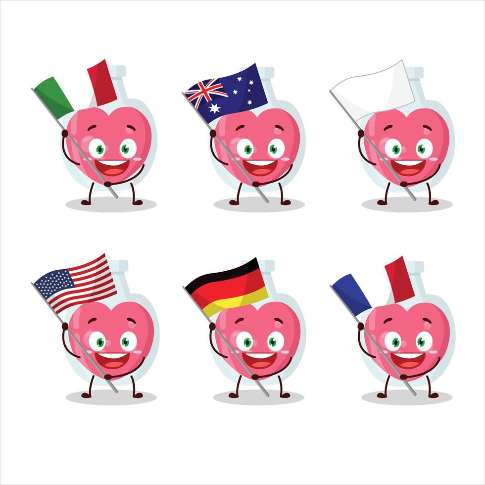 amor poción dibujos animados personaje traer el banderas de varios países vector