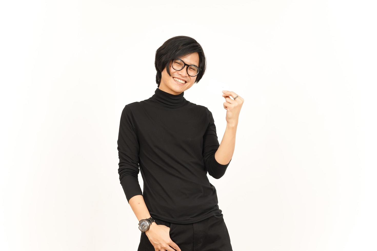Holding and Showing Blank Credit or Bank Card Of Handsome Asian Man Isolated On White Background photo
