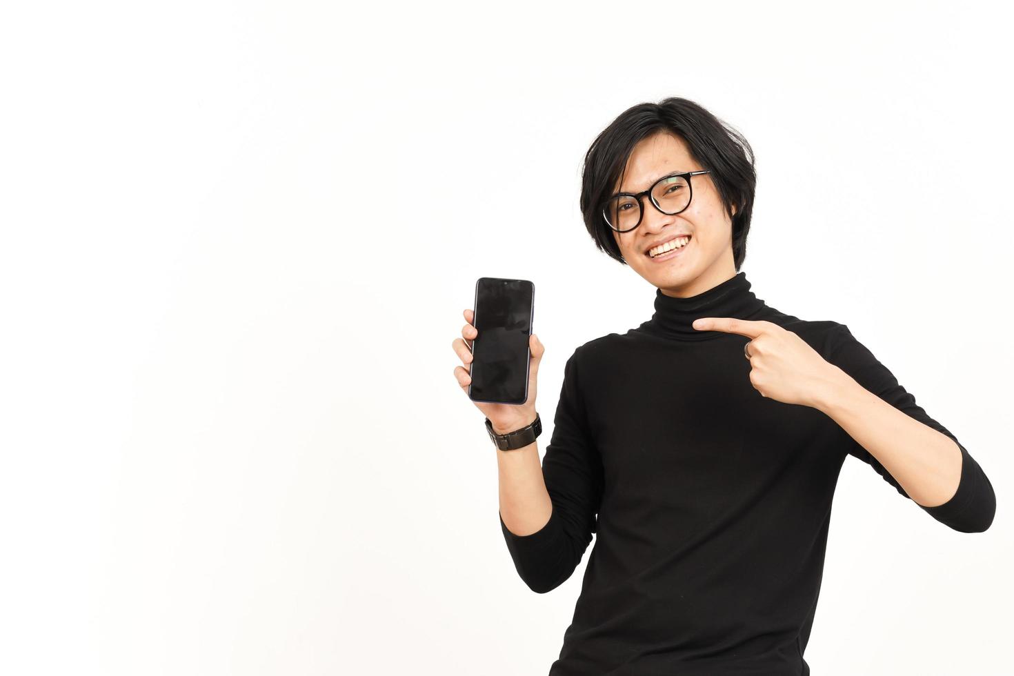 Showing Apps or Ads On Blank Screen Smartphone Of Handsome Asian Man Isolated On White Background photo