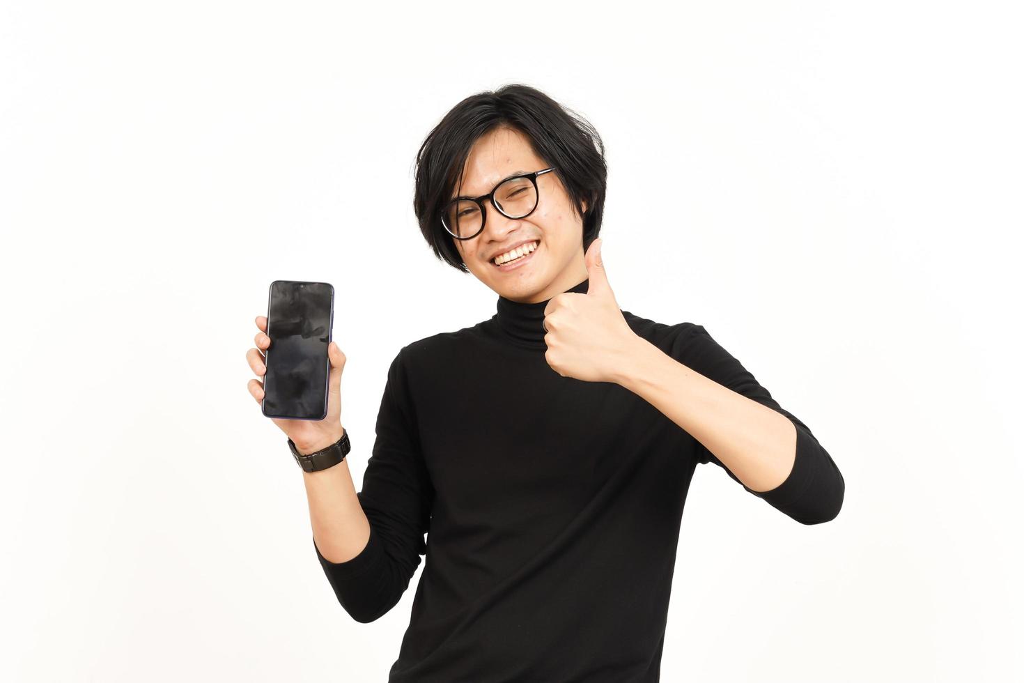 Showing Apps or Ads On Blank Screen Smartphone Of Handsome Asian Man Isolated On White Background photo
