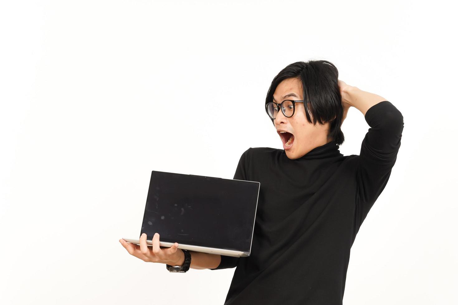 Showing Apps or Ads On Laptop Blank Screen Of Handsome Asian Man Isolated On White Background photo