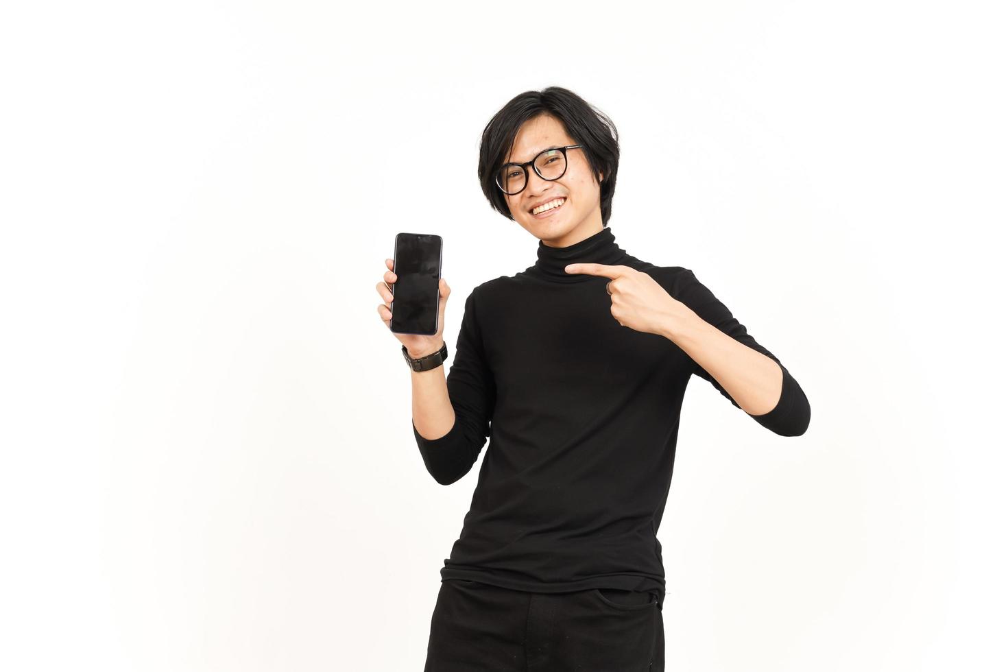 Showing Apps or Ads On Blank Screen Smartphone Of Handsome Asian Man Isolated On White Background photo