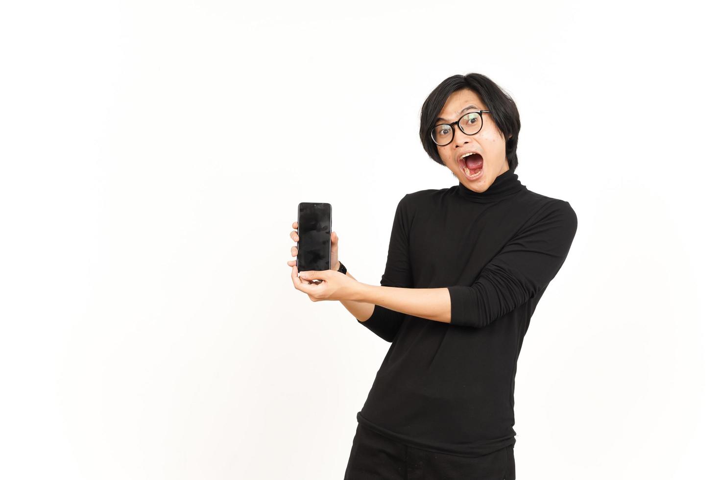 Showing Apps or Ads On Blank Screen Smartphone Of Handsome Asian Man Isolated On White Background photo