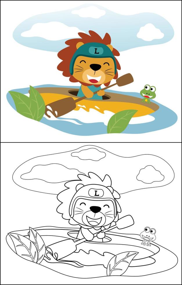 Vector cartoon of funny lion with frog on canoe in river, coloring book or page