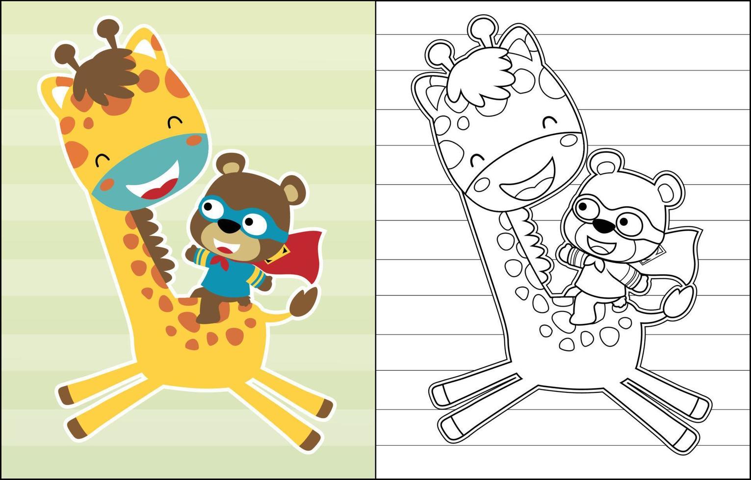 Vector illustration of little bear cartoon in superhero costume riding giraffe, coloring book or page