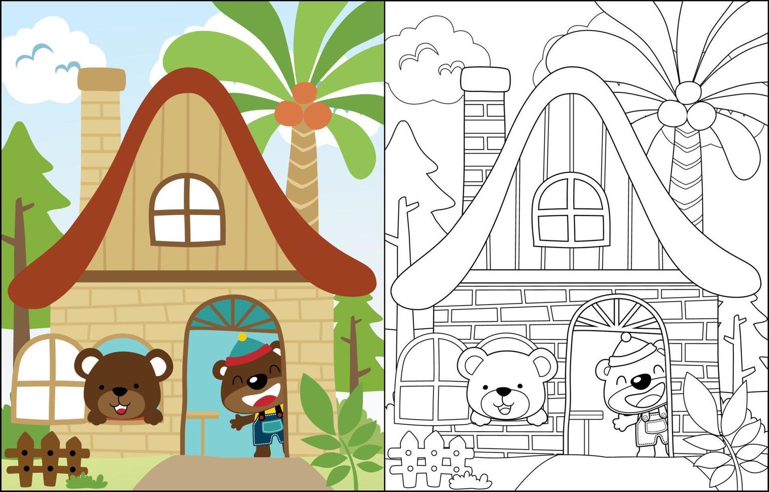 two cute bear cartoon in sweet home, coloring book or page vector