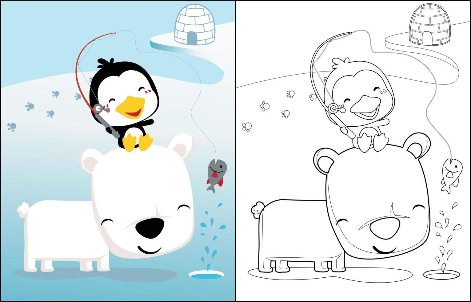 Funny cartoon of fishing penguin with polar bear in frozen ocean, coloring book or page vector