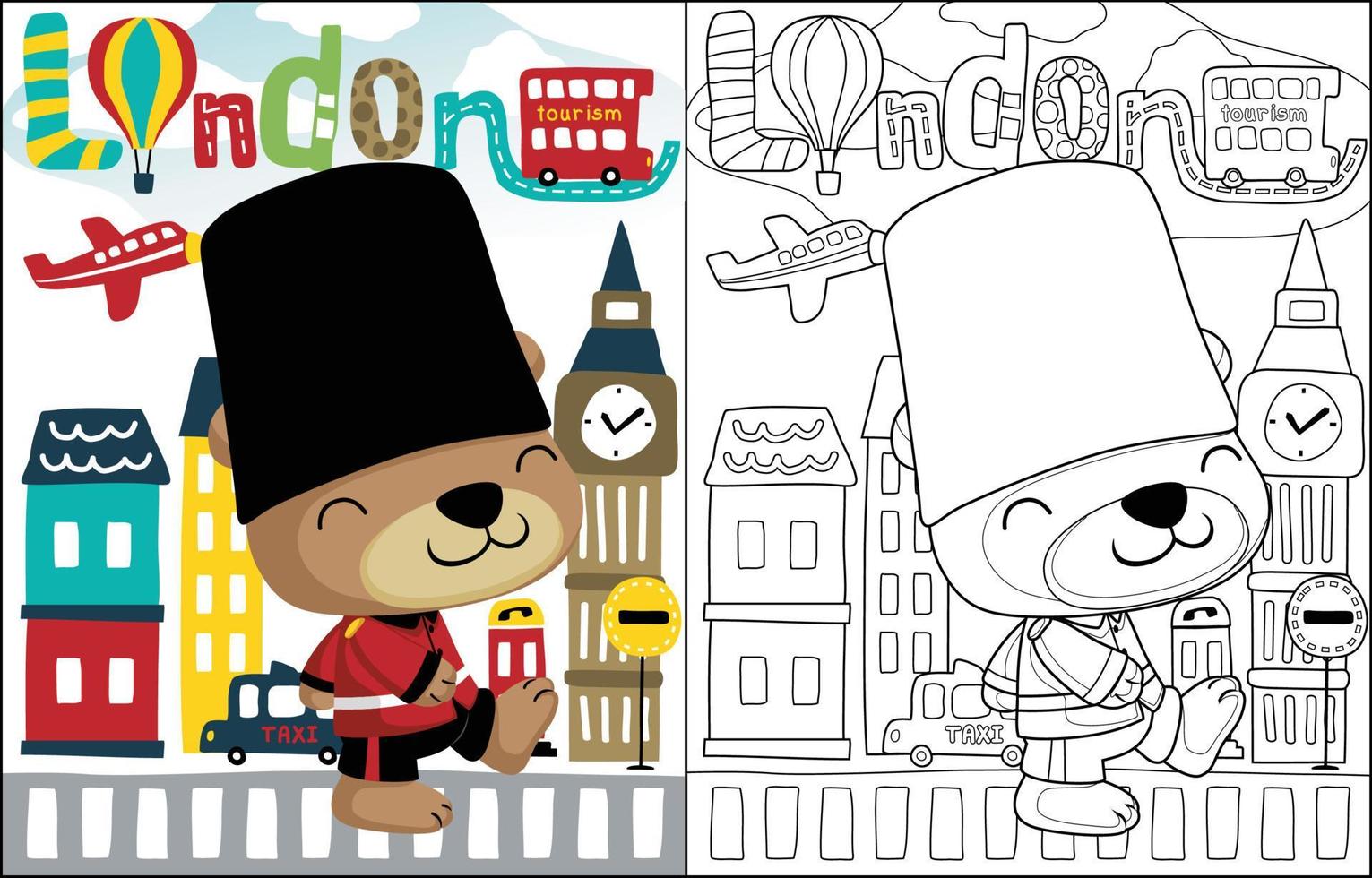 Funny bear cartoon in British royal guard costume on London cityscape background, coloring book or page vector