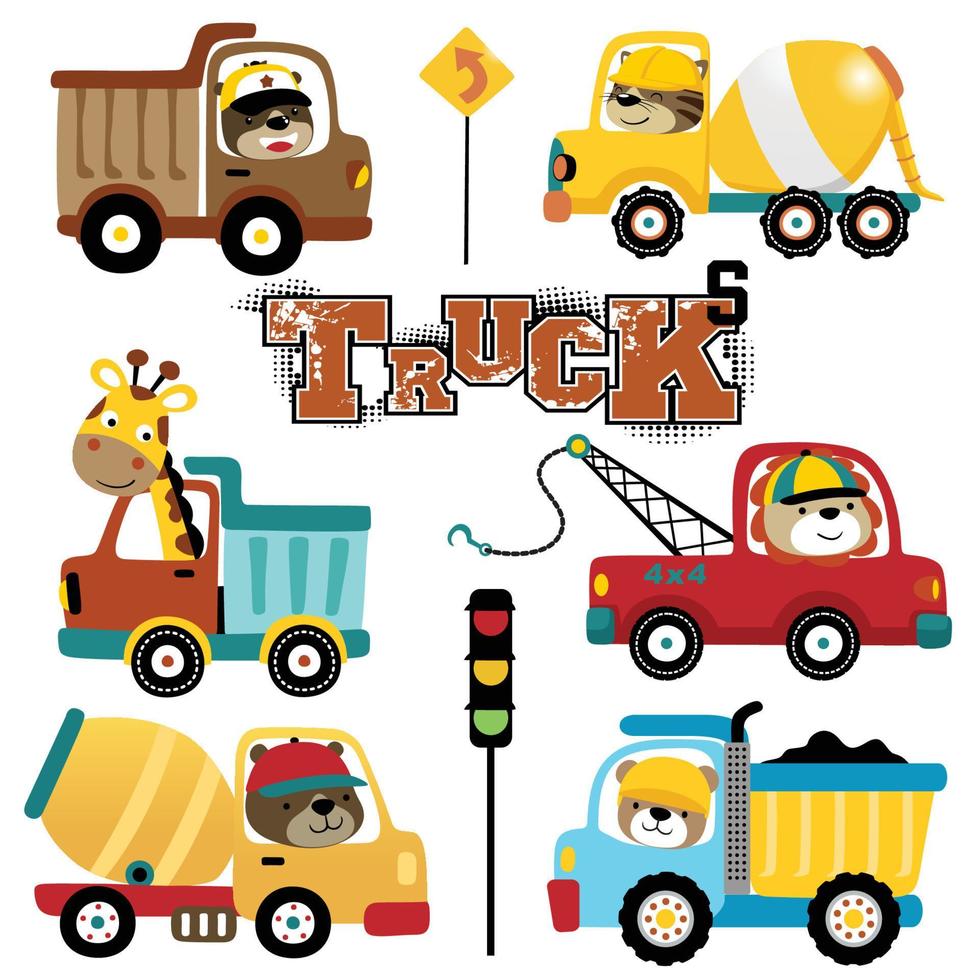 Vector set of trucks cartoon with funny animals drivers