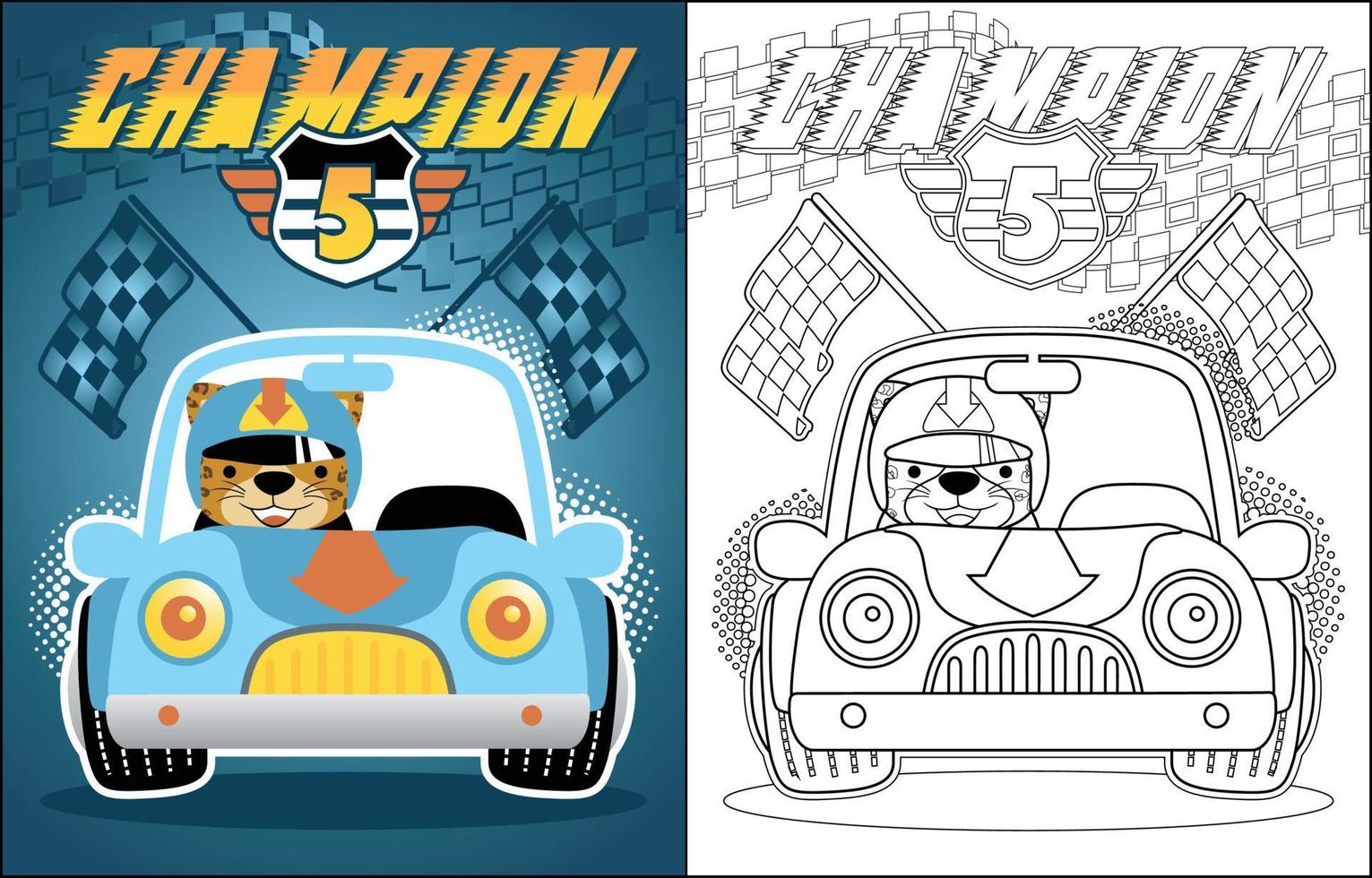 Vector cartoon of racing car with funny cat, coloring book or page