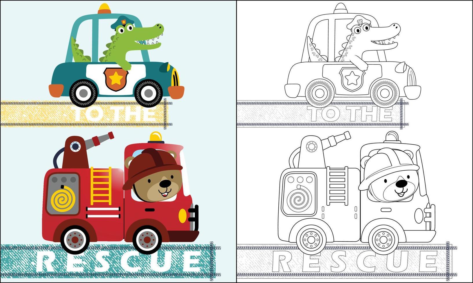 Coloring book of rescue vehicles cartoon with funny animals driver vector