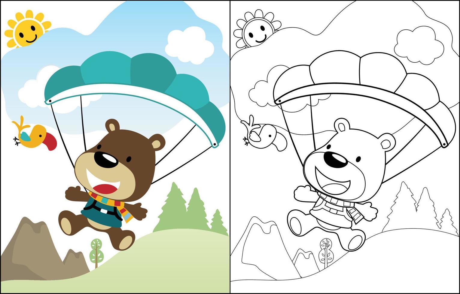 cartoon vector of skydiving cute bear with bird, coloring book or page