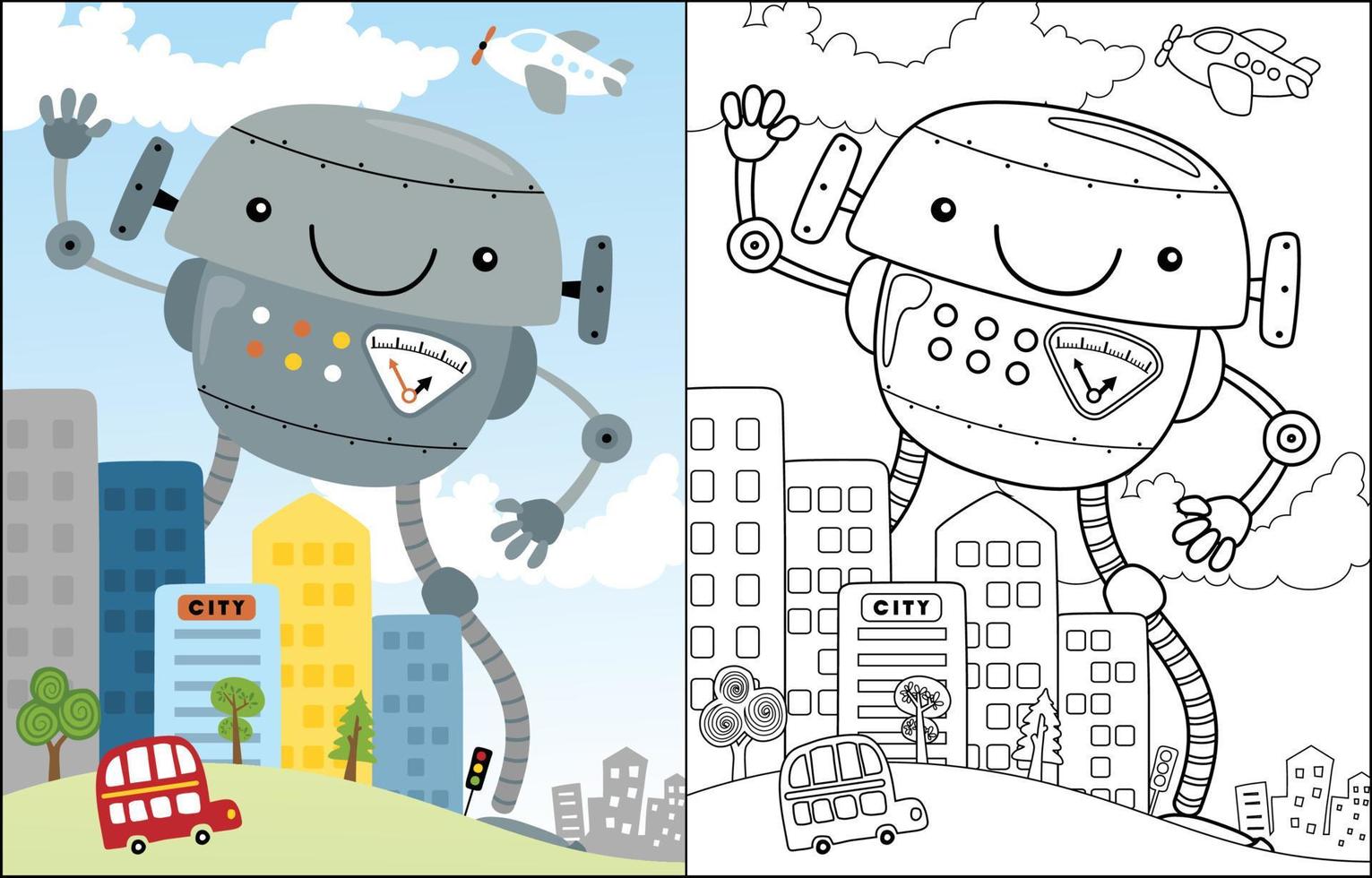 Coloring book of giant robot cartoon in the city vector