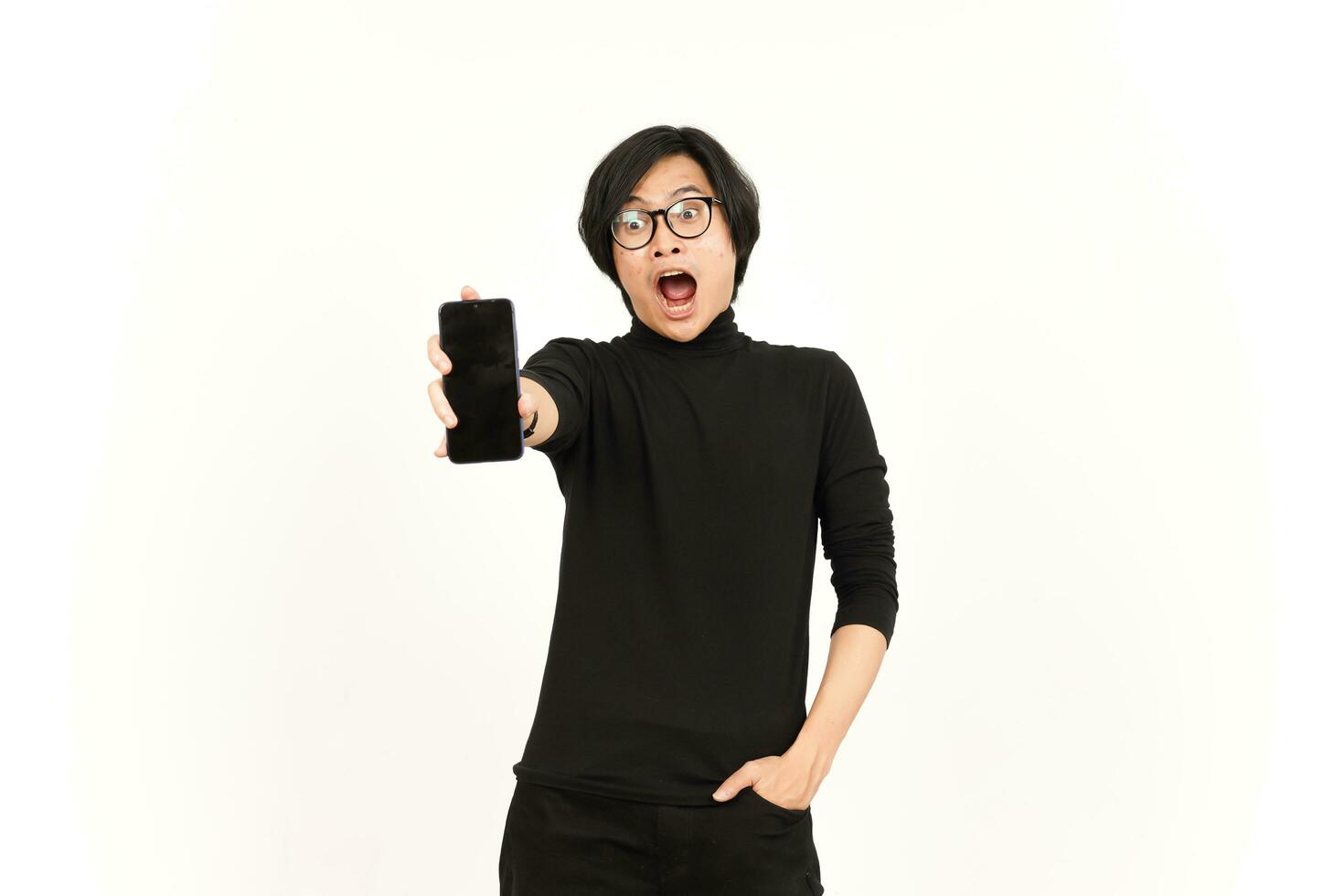 Showing Apps or Ads On Blank Screen Smartphone Of Handsome Asian Man Isolated On White Background photo
