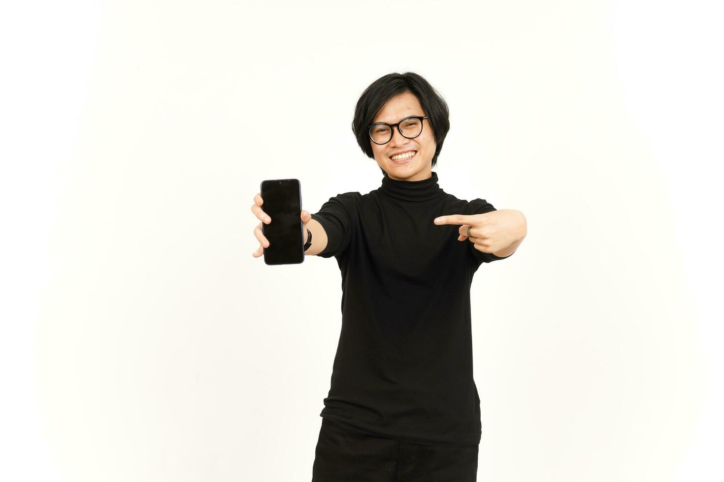 Showing Apps or Ads On Blank Screen Smartphone Of Handsome Asian Man Isolated On White Background photo