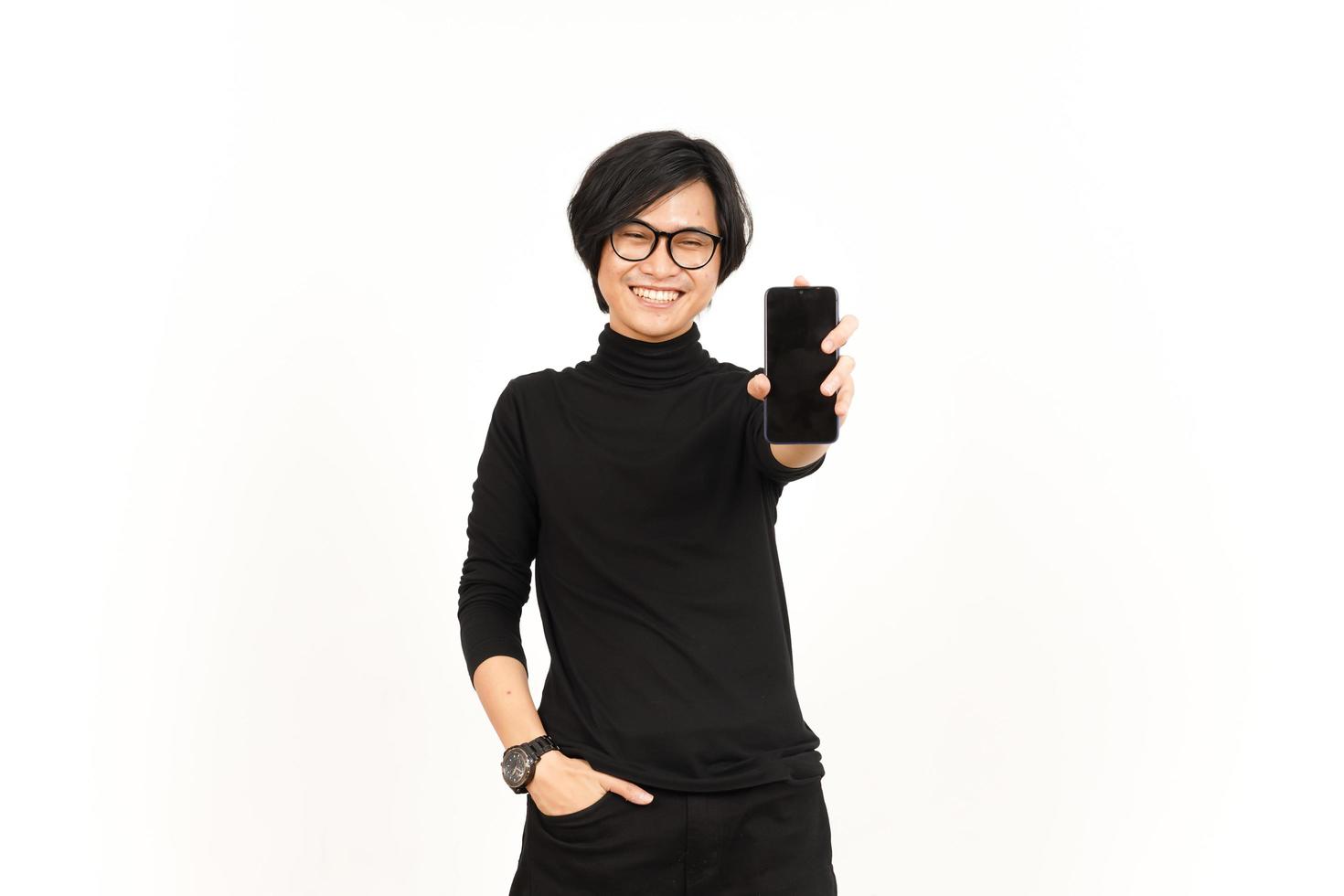 Showing Apps or Ads On Blank Screen Smartphone Of Handsome Asian Man Isolated On White Background photo