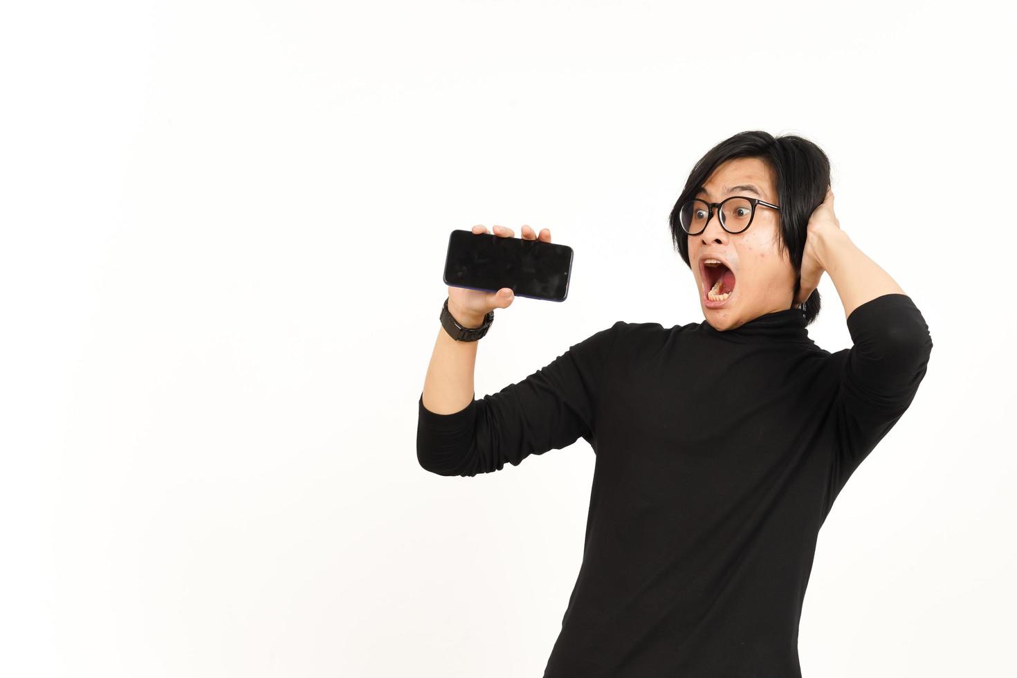 Showing Apps or Ads On Blank Screen Smartphone Of Handsome Asian Man Isolated On White Background photo