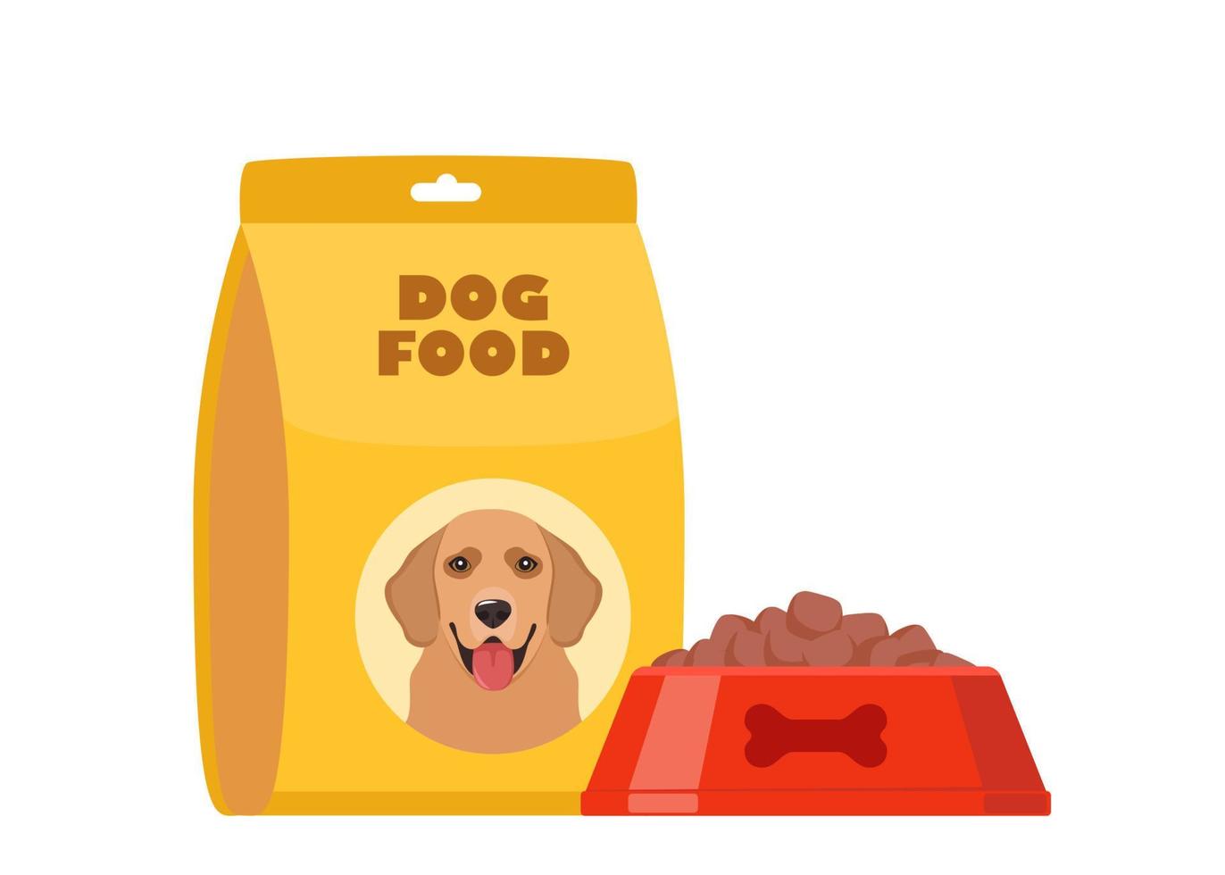 Dog food, bag package and full dry food bowl. Pet meal. Vector illustration.