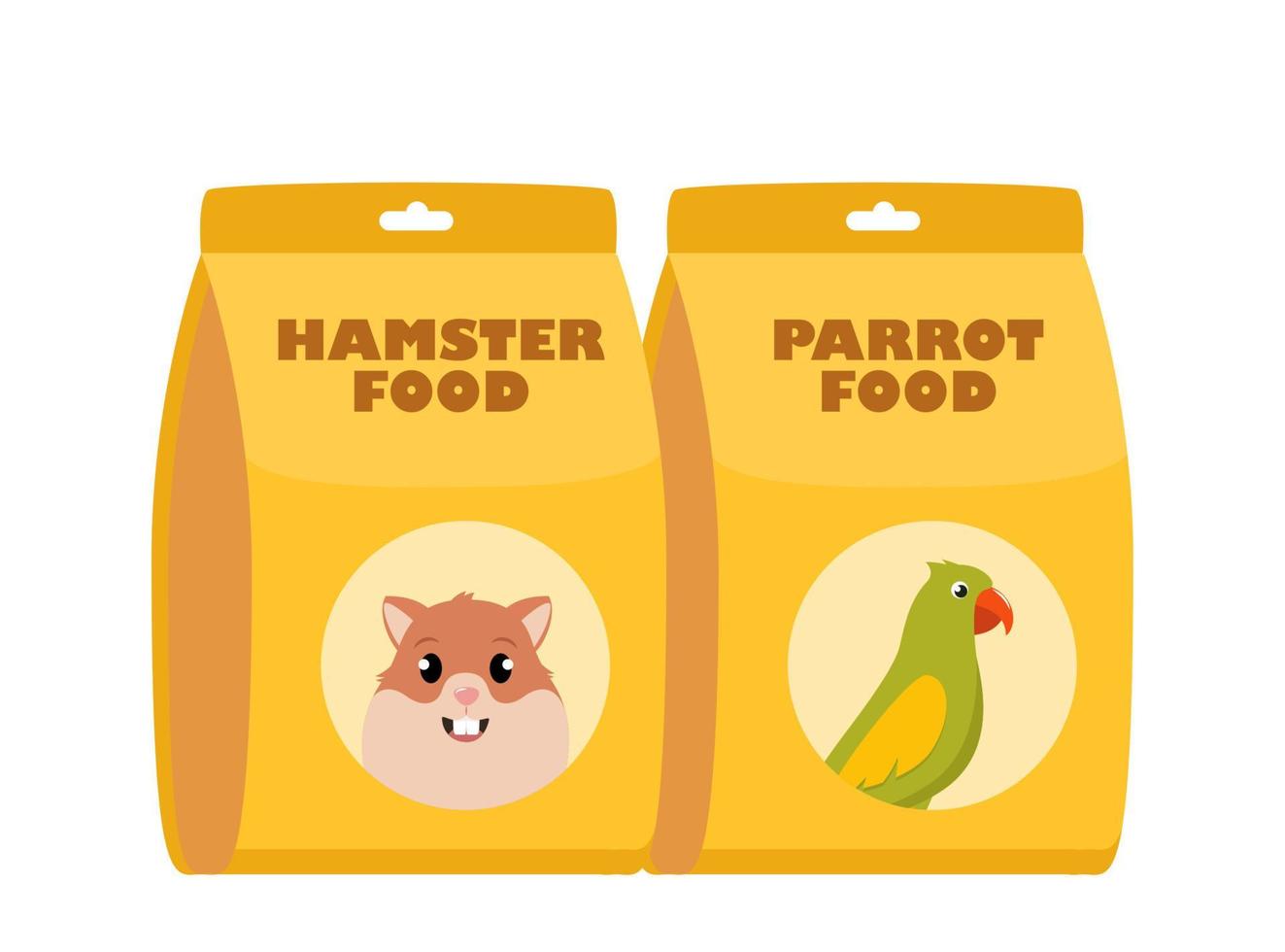 Parrot Food and Hamster food pack. Packages of dry food. Pet shop, domestic animal, care concept. Vector illustration.