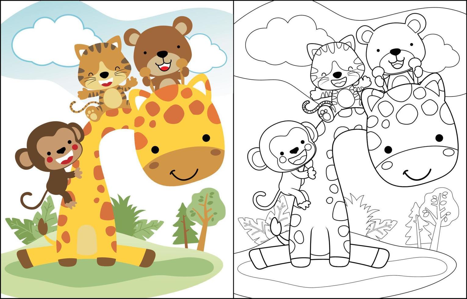 Funny cartoon of cute bear with tiger and monkey climbing giraffes neck. Coloring book or page vector
