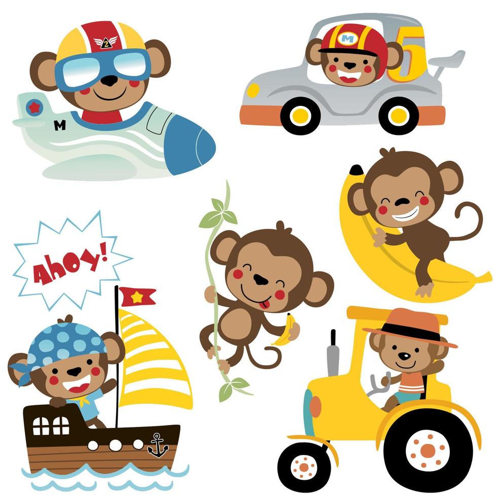 Vector set of funny monkey cartoon in different activity