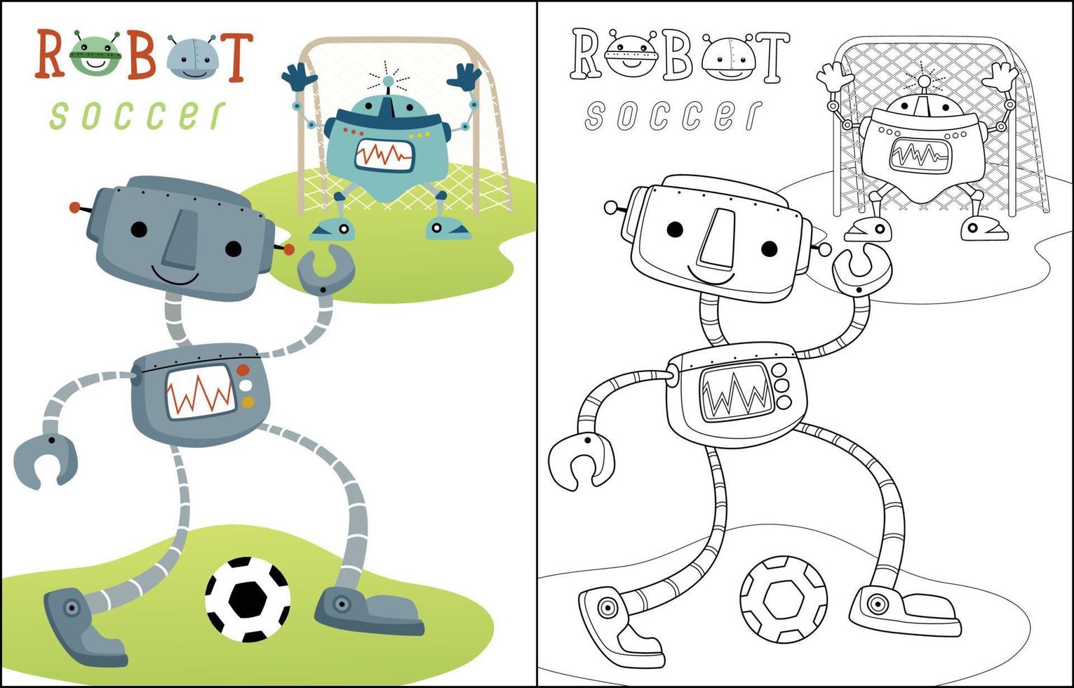 Playing soccer with funny robots cartoon, coloring book or page vector
