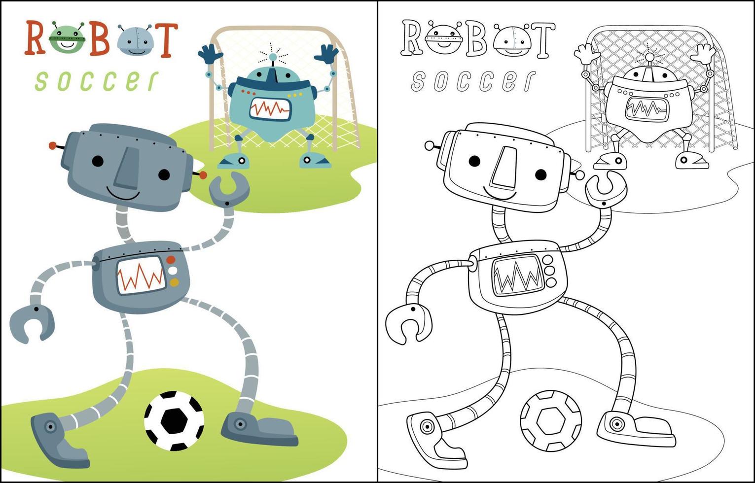 jugando fútbol con gracioso robots dibujos animados, colorante libro o página vector