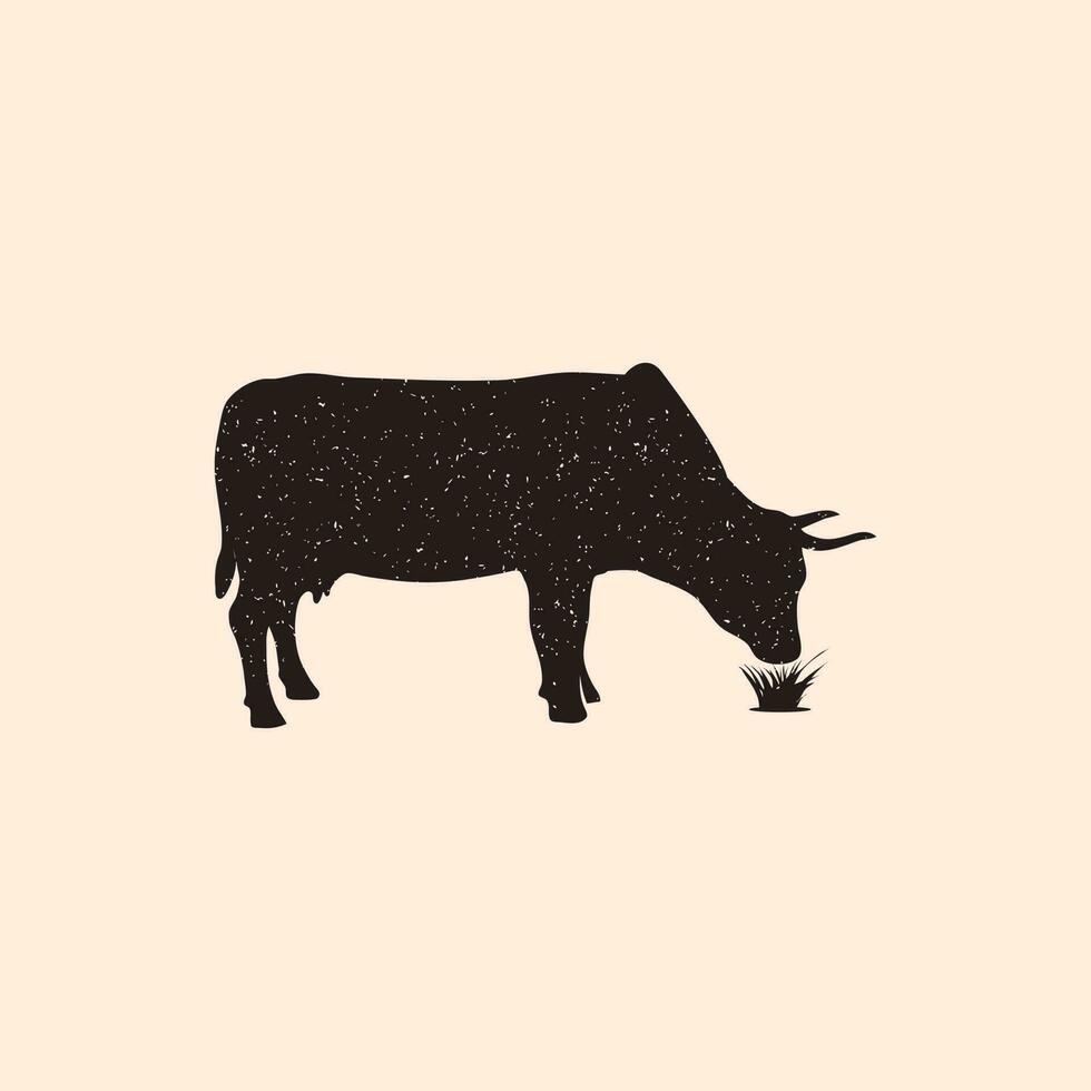 silhouette illustration of a cow eating grass. grunge vector