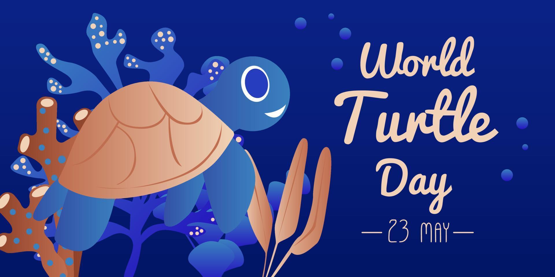 World Turtle Day 23 May background. Turtle swims in the ocean against the background of the sun. Vector illustration