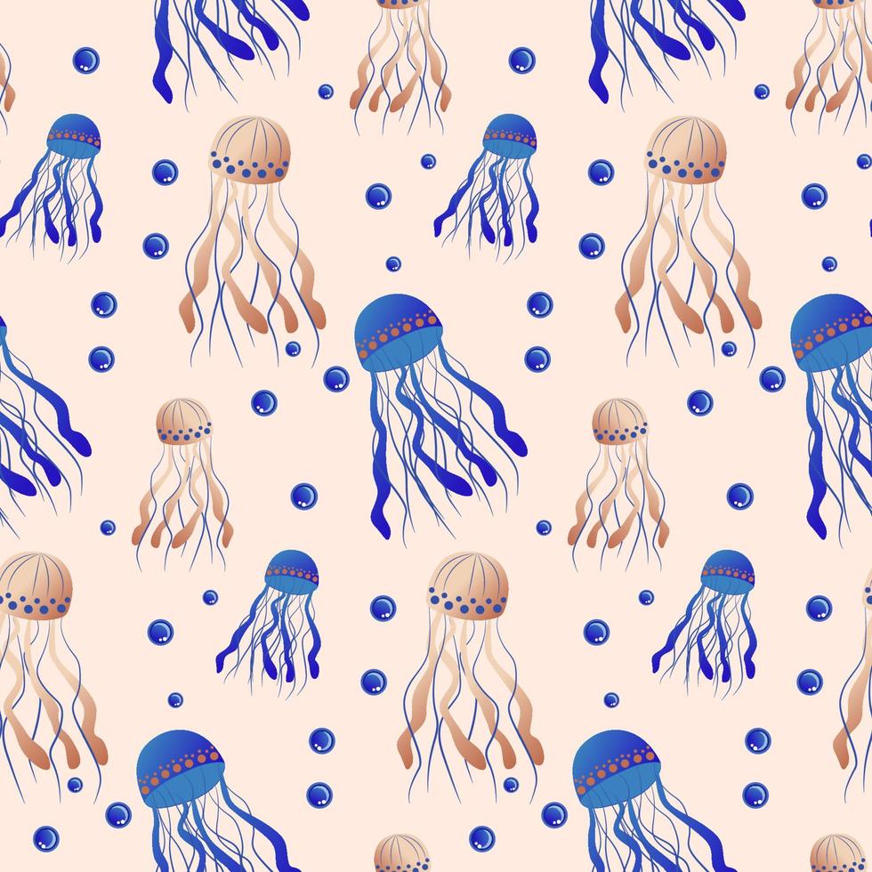 Jellyfish pattern. Seamless print of cute colorful cartoon sea animals, transparent underwater creatures of different shapes and colors. Vector texture. Aquatic bright characters with bubbles.