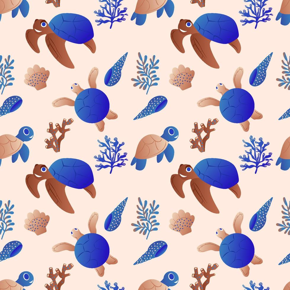 Seamless pattern with sea and ocean animals, corals, seaweeds and shells. Flat design style cartoon characters. Seashore elements design for fabrics, wallpaper vector