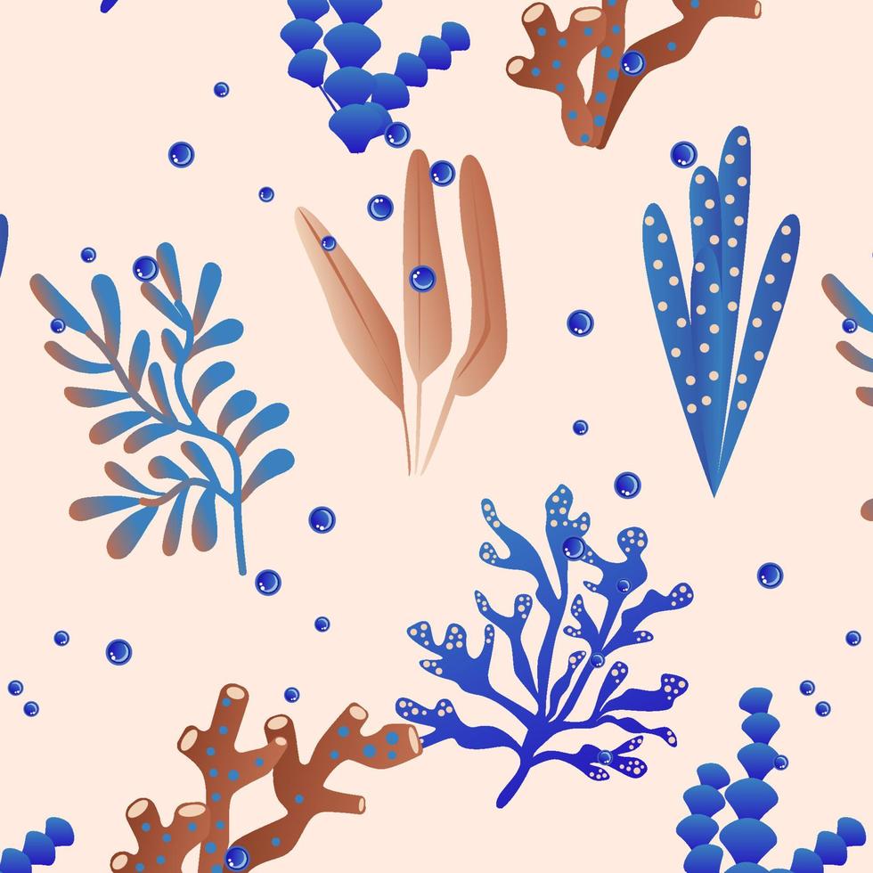 Jellyfish pattern. Seamless print of algae. Vector texture. Aquatic bright characters with bubbles. Seashore elements design for fabrics, wallpaper