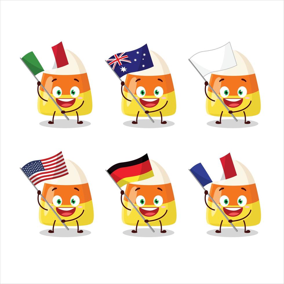 Candy corn cartoon character bring the flags of various countries vector