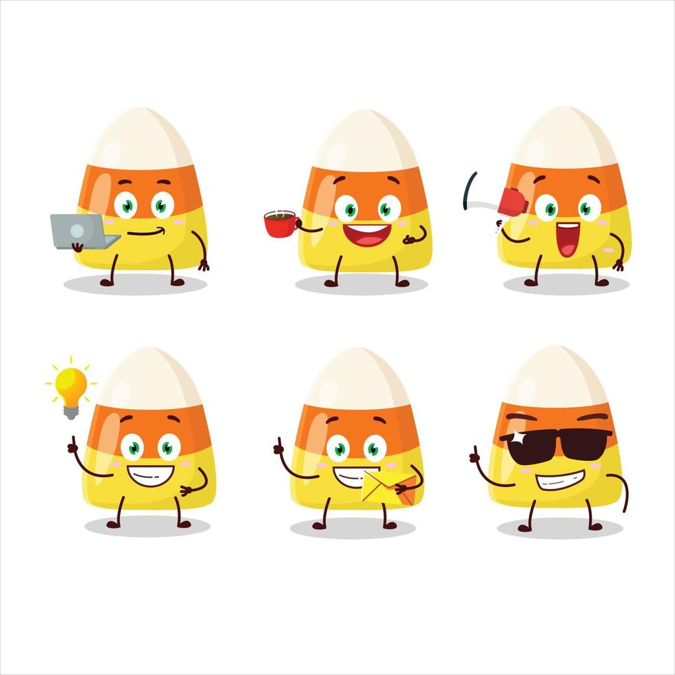 Candy corn cartoon character with various types of business emoticons vector