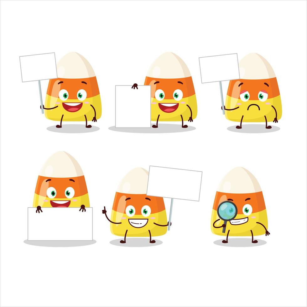 Candy corn cartoon character bring information board vector