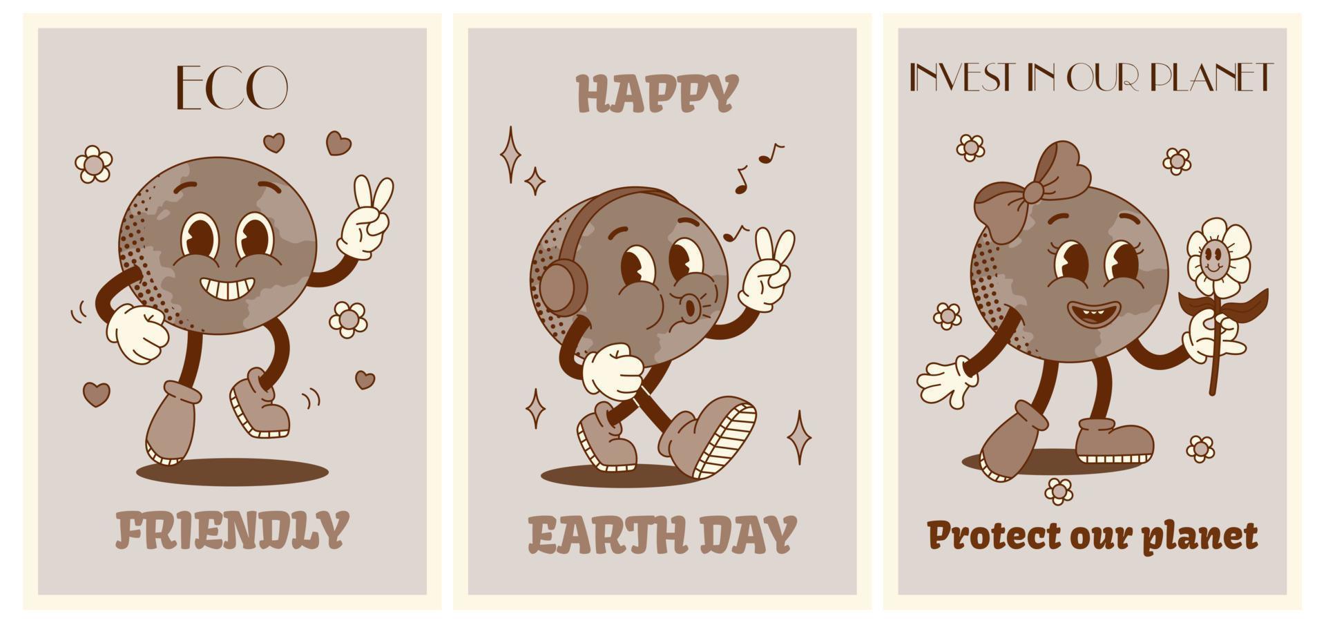 Happy groovy planet characters in old classic cartoon style of 1960s 1970s. Set monochrome posters or cards for Earth Day. Concept protect planet. Flat vector illustration. Monochrome palette