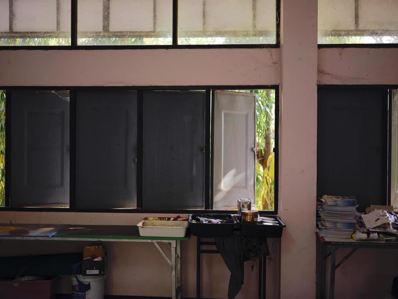 el Tailandia antiguo de madera salón de clases con antiguo estilo escritorios . foto